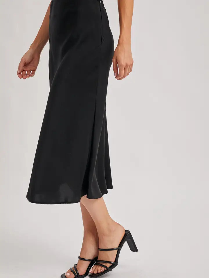 Women's Satin Midi Skirt in Black