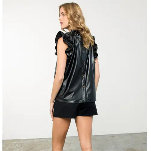 Women's S/S Pleather Ruffled Sleeve Top in Black