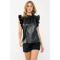 Women's S/S Pleather Ruffled Sleeve Top in Black