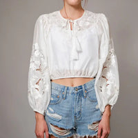 Women's L/S Tie Neck Lace Embroidered Cropped Blouse in White