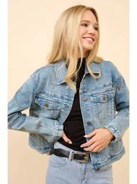 Women's Boot Stitch Denim Trucker Jacket in Medium Wash