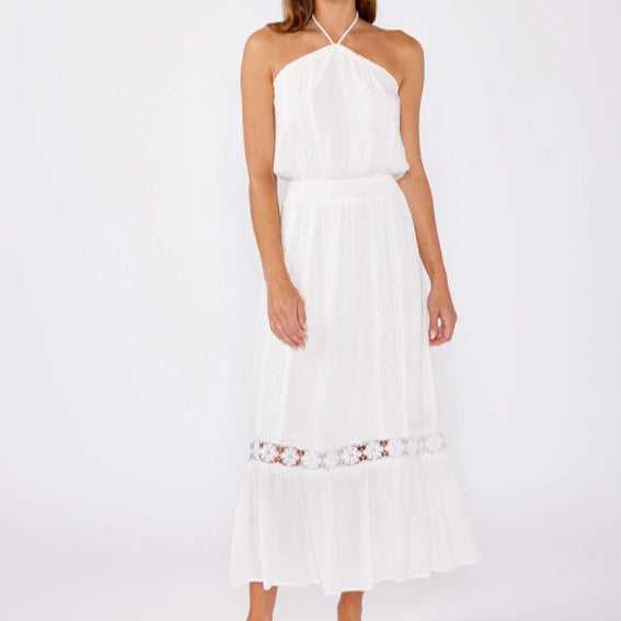 Women's Eyelet Embroidered Halter Maxi Dress in Off White