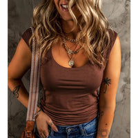 Women's Solid U Neck Slim Fit Tank Top in Coffee