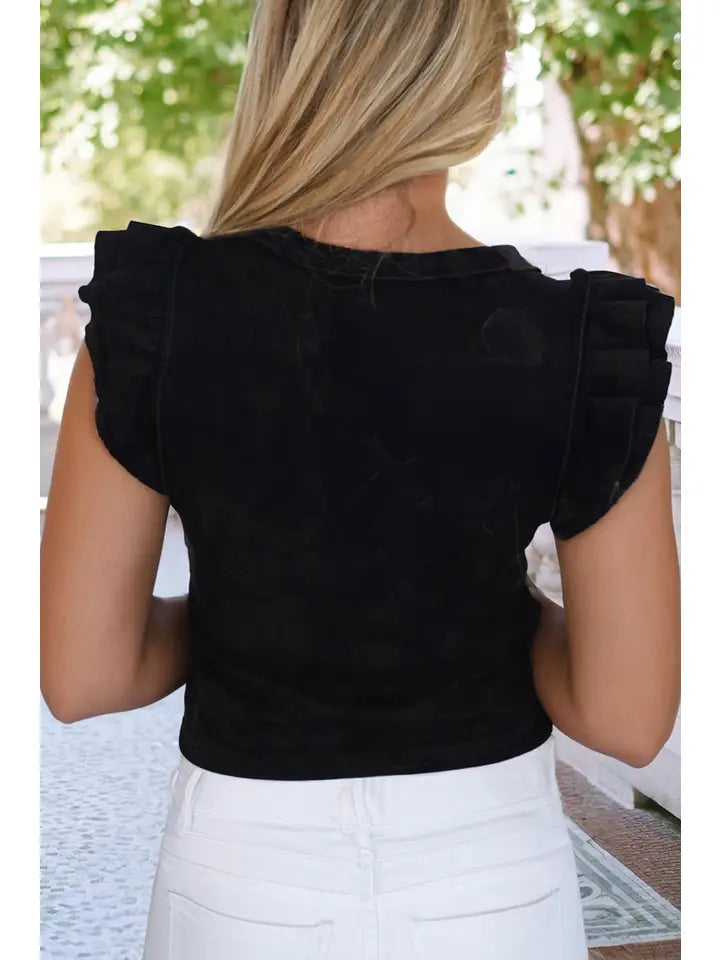 Women's Ruffled Sleeve Slim Fit Crew Neck in Black
