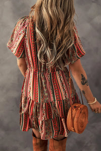 Women's S/S Bohemian Print Tiered Ruffle Mini Dress