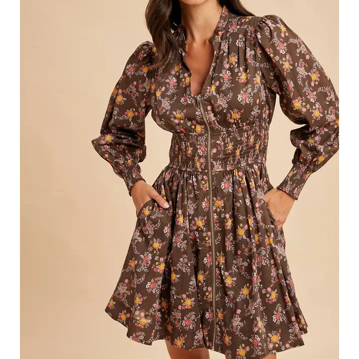 Women's L/S Floral Zip Front Mini Dress in Mocha Mousse