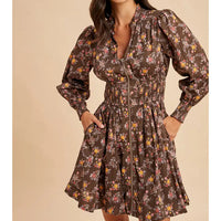 Women's L/S Floral Zip Front Mini Dress in Mocha Mousse
