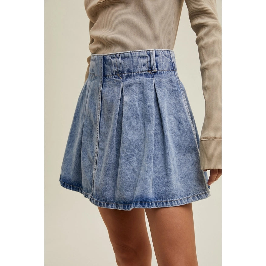 Women's Pleated Denim Mini Skort in Medium Wash