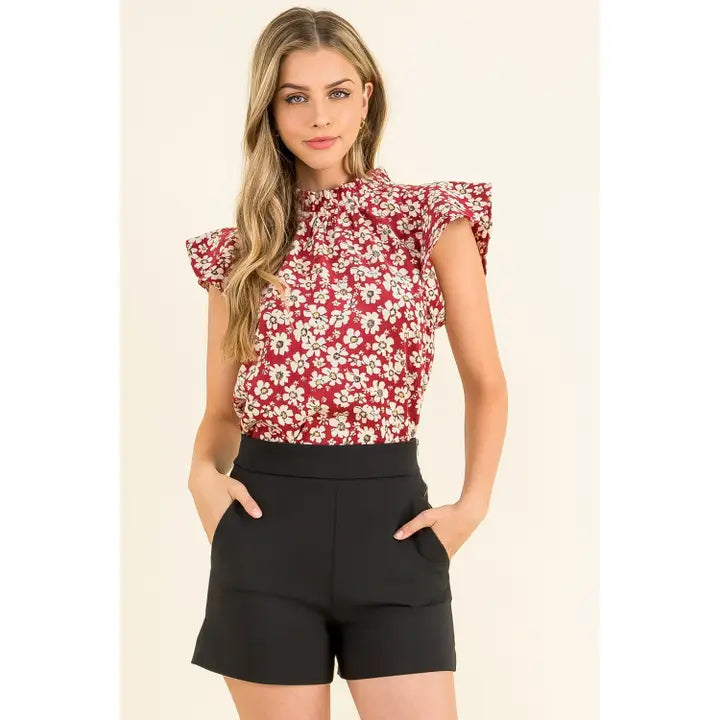 Women's Flutter Sleeve Floral Print Mock Neck Knit Blouse in Red