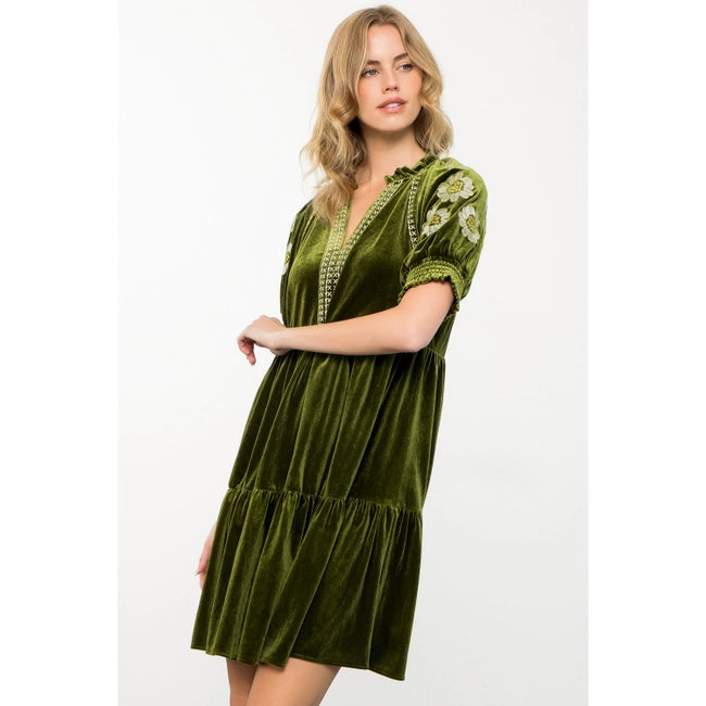 Women's S/S Floral Embroidered Sleeve Mini Velvet Dress (Available in Two Colors)