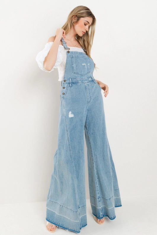 Women's Distressed Wide Leg Denim Overalls in Light Wash