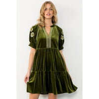 Women's S/S Floral Embroidered Sleeve Mini Velvet Dress (Available in Two Colors)