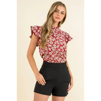 Women's Flutter Sleeve Floral Print Mock Neck Knit Blouse in Red