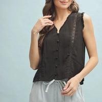 Women's Sleeveless Floral Trim Blouse in Black