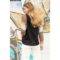 Women's L/S Multi Print Blocked Sleeve Knit Top in Black