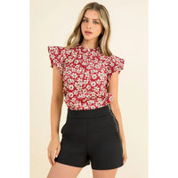 Women's Flutter Sleeve Floral Print Mock Neck Knit Blouse in Red