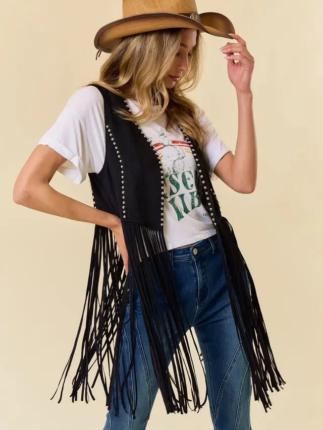 Women's Studded Long Fringe Faux Suede Vest (Available in Two Colors)