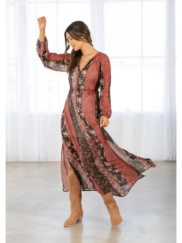 Women's L/S Floral Patchwork Bohemian Maxi Dress in Cinnamon and Brown