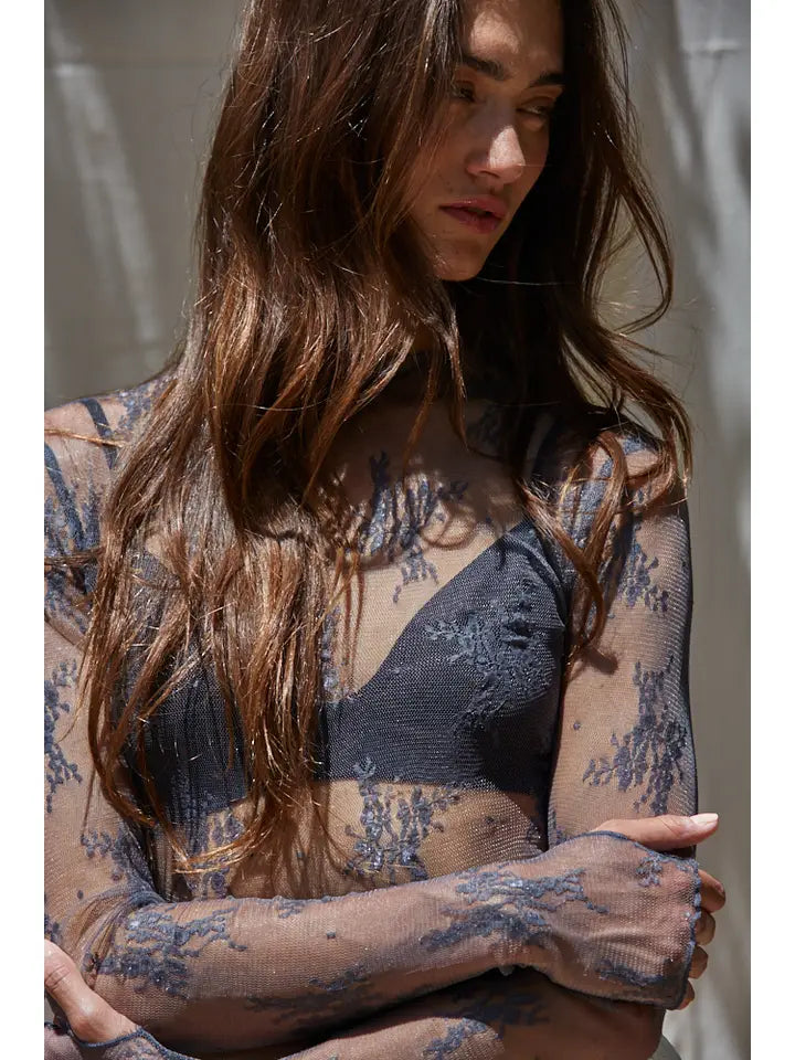 Women's L/S Sheer Floral Lace Mock Neck Mesh Top (Available in 2 Colors)