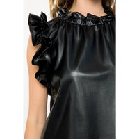Women's S/S Pleather Ruffled Sleeve Top in Black