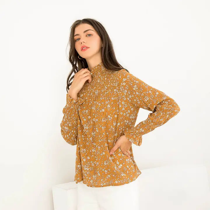 Women's L/S Smocked Floral Print Blouse in Mustard