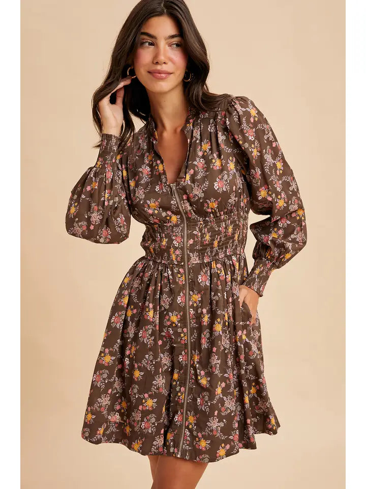 Women's L/S Floral Zip Front Mini Dress in Mocha Mousse