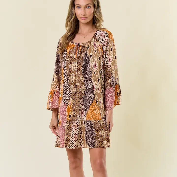 Women's L/S Boho Pattern Ruffled A-Line Mini Dress