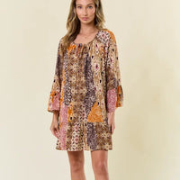Women's L/S Boho Pattern Ruffled A-Line Mini Dress