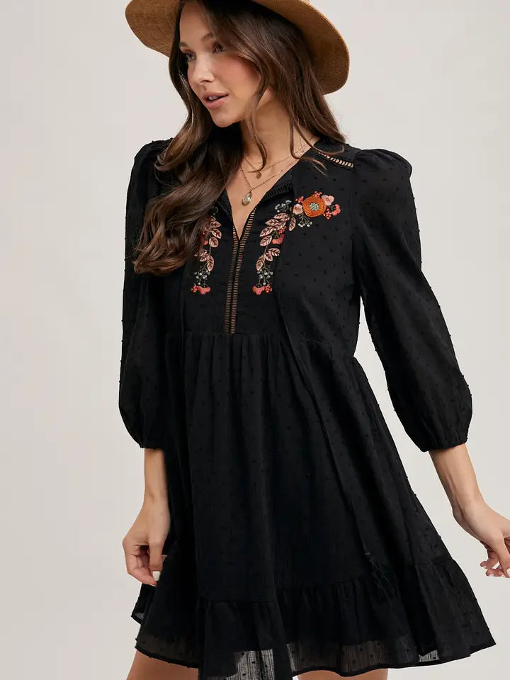Women's 3/4 Sleeve Embroidered Ruffle Babydoll Dress in Black