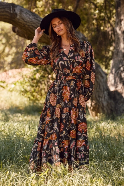 Women's L/S Floral Printed Midi Dress in Black (Available in Plus Sizes)