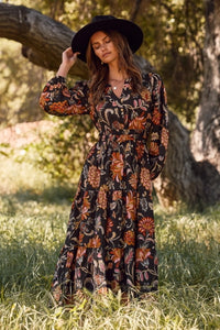 Women's L/S Floral Printed Midi Dress in Black (Available in Plus Sizes)