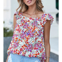Women's Rose Red Floral Square Neck Flutter Tank Top