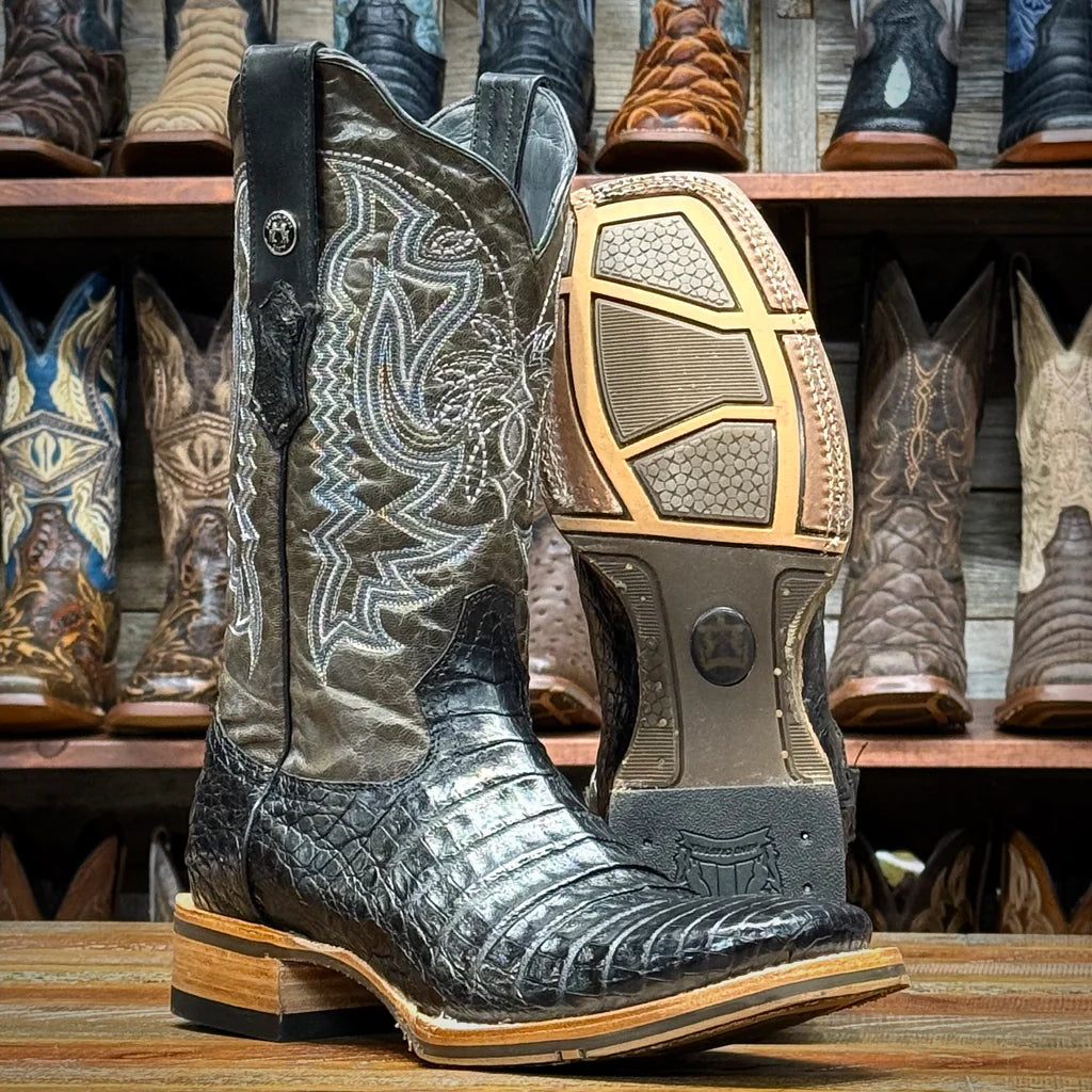 Tanner Mark Men's Caiman Belly Square Toe Boot in Black