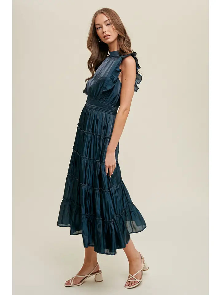 Women's Organza Tiered Midi Dress in Teal