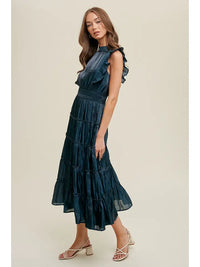 Women's Organza Tiered Midi Dress in Teal