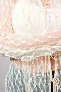 Women's L/S Sheer Ruffle Lace Tie Front Blouse in Cream