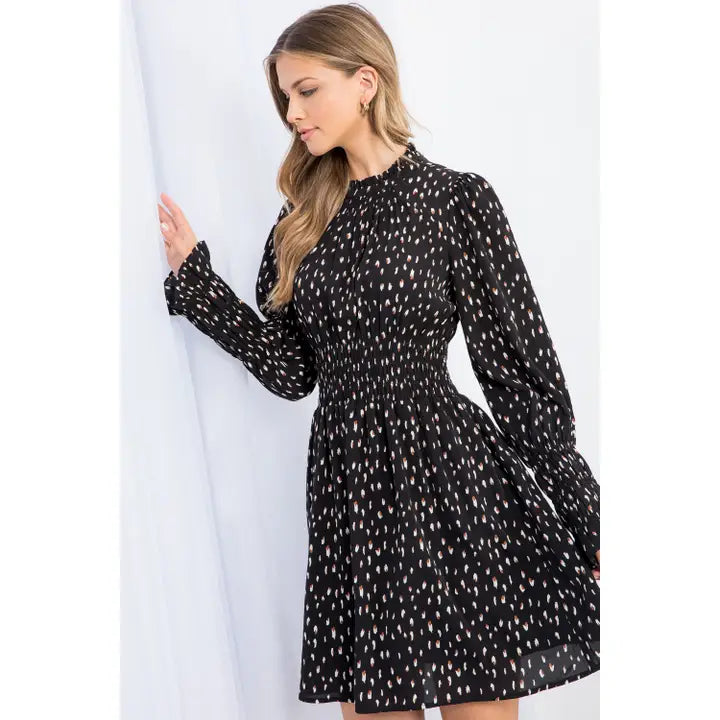 Women's L/S Dot Printed Smocked Waist Dress in Black