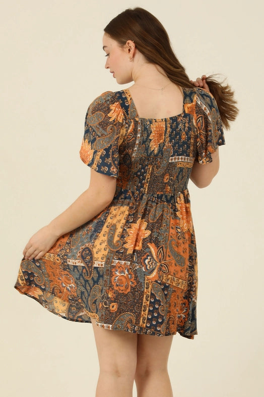 Women's Ruffle Sleeve Floral Twist Front Mini Dress in Sunset