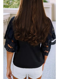 Women's S/S Eyelet Flowy Sleeve Blouse in Black