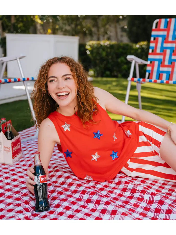 Women's Stars of Summer Sequin Cropped Tank Top in Red (Available in Plus Sizes)
