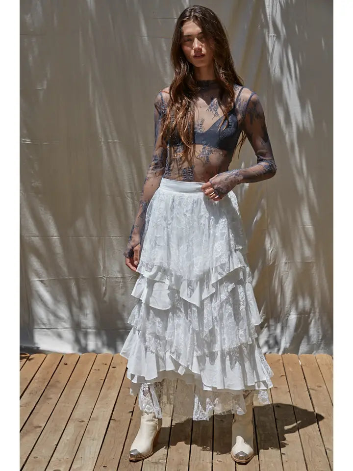 Women's L/S Sheer Floral Lace Mock Neck Mesh Top (Available in 2 Colors)