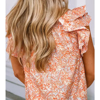 Women's Floral Ruffle Sleeve Split Neck Blouse in Orange