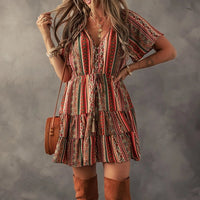 Women's S/S Bohemian Print Tiered Ruffle Mini Dress