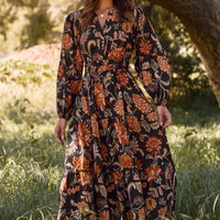 Women's L/S Floral Printed Midi Dress in Black (Available in Plus Sizes)