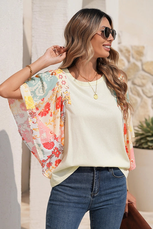 Women's Floral Batwing Blouse in Beige