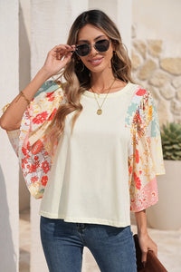 Women's Floral Batwing Blouse in Beige