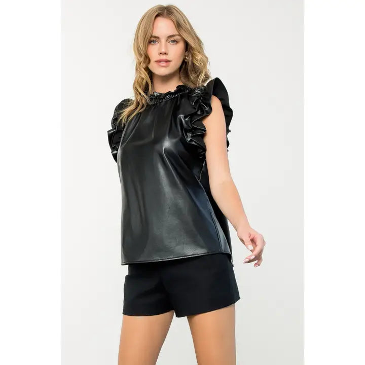 Women's S/S Pleather Ruffled Sleeve Top in Black