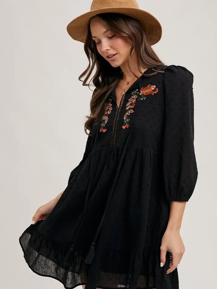 Women's 3/4 Sleeve Embroidered Ruffle Babydoll Dress in Black