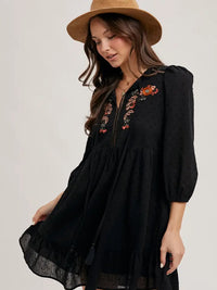 Women's 3/4 Sleeve Embroidered Ruffle Babydoll Dress in Black