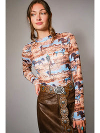 Women's L/S Western Mesh Mock Neck Top